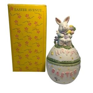 Easter Avenue Bunny Rabbit Figurine Trinket Box Happy Easter Egg Decor 6" Vintag